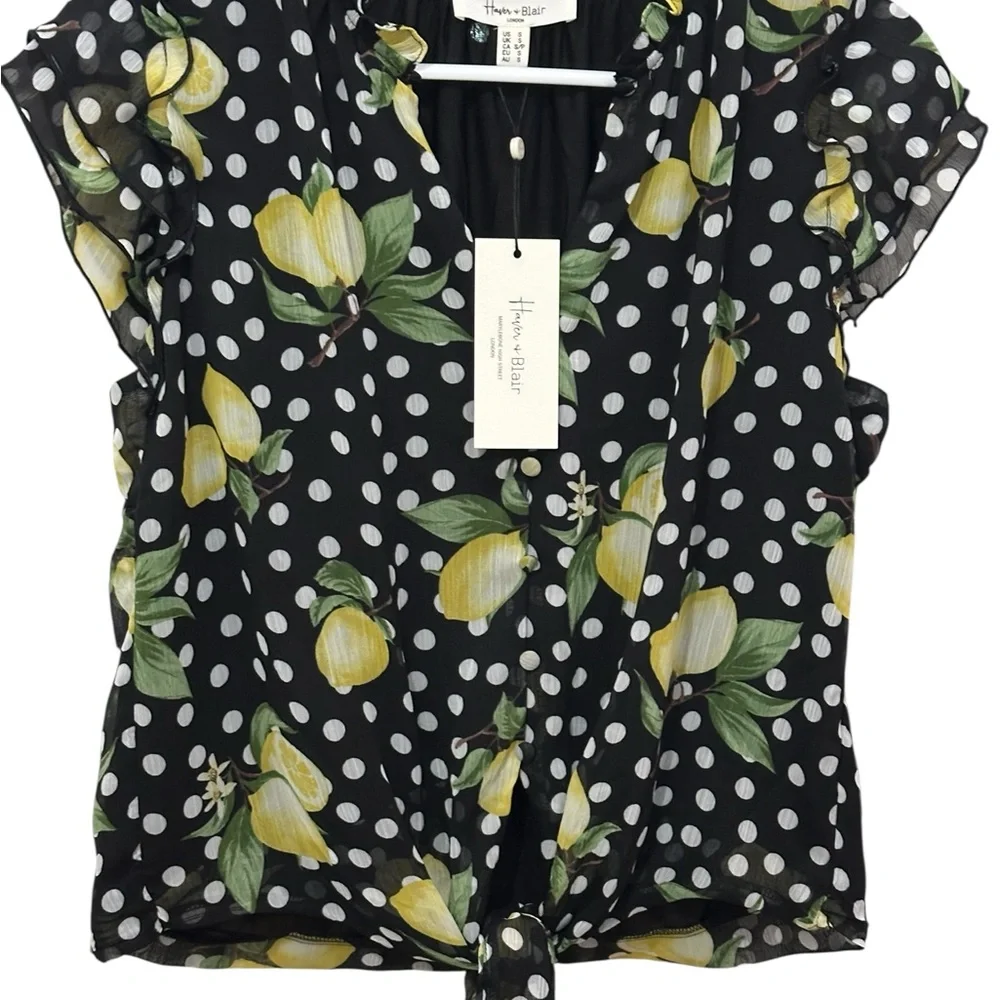 Haver & Blair Tie Front Ruffle Sleeve Lemon Floral Blouse Small NWT - Picture 2 of 11